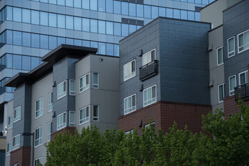 Dusk over skyscrapers and condos in Bellevue downtown