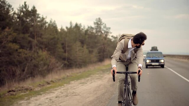 Businessman In Suit Riding On Bicycle.Trip To Work On Bike.Cyclist Businessman Hurry To Work.Traffic Jam In City.Commuter Healthy Lifestyle On Bike.Travelling On Office.Lose No Time In Rush Hour