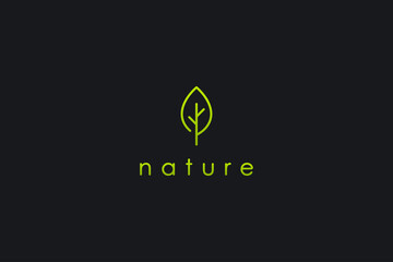 Abstract Nature Logo. Green Leaf Icon Line isolated on Black Background. Usable for Business, Healthcare, Farm and Ecology Logos. Flat Vector Logo Design Template Element.