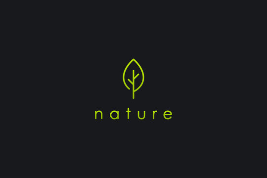 Abstract Nature Logo. Green Leaf Icon Line isolated on Black Background. Usable for Business, Healthcare, Farm and Ecology Logos. Flat Vector Logo Design Template Element.