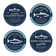 Vector salmon round labels. Rainbow trout, sockeye, chinook and pink salmon fish illustrations