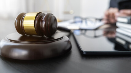 Professional lawyer considering with contract papers in courtroom. Justice, Law, Attorney and Court...