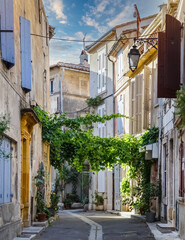 Picterusque narrow street decorates with the climbing plants in the old town Arles, France.