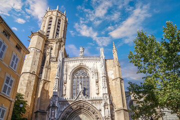 Cathedral  Saint Sauveur in Aix-en-Provence, France, low angle view. Roman catholic church,...