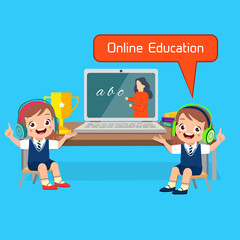 Online Education Vector Illustration child Learning with Computer and Mobile