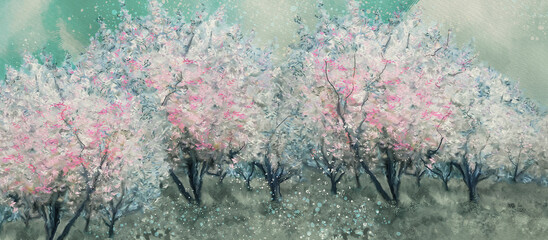 Fototapeta na wymiar Spring orchard. Watercolor background, design element
