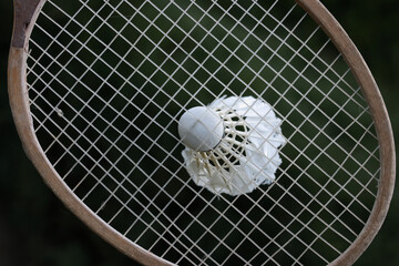 Wooden badminton racket and white shuttlecock on green lawn background in garden