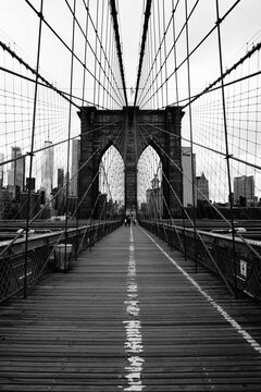 New York City brooklyn bridge in black and white, Lower Manhatten, USA