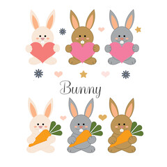 Bunny cute, white, brown and gray with pink heart and with carrot, bunny vector illustration