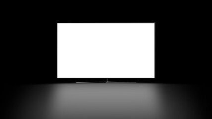 TV mockup with front view and blank screen, with reflection on the floor. Black color background. Ideal for placing custom designs.