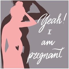  Yeah i am pregnant hand drawn illustration with lettering pregnancy.  Planning of pregnancy Line art. Hand holding ovulation or pregnancy test vector illustration. For cards, posters, decor it can be