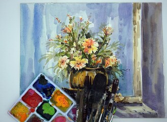 Watercolor painting art class   ,  Flowers in a vase  , Palette , paintbrush