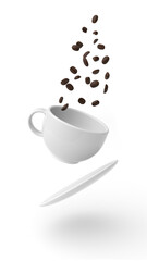 Cup and coffee beans isolated and floating on white background. Three-dimensional illustration.