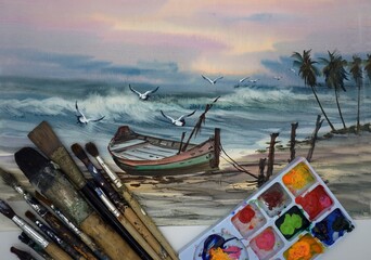 Watercolor painting art class   ,   sea ,wave ,birds, boat  ,  Palette , paintbrush