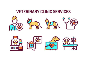 Animal checkup color line icons set. Isolated vector element. Outline pictograms for web page, mobile app, promo.