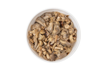 Fried mushrooms in a plate on a white background. Honey mushrooms and oyster mushrooms fried in oil close-up.