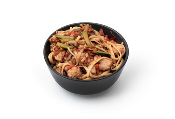 Asian wok noodles on white background. Wok noodles close-up.