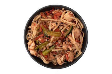 Asian wok noodles on white background. Wok noodles close-up, top view.