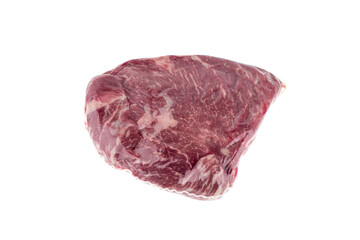 Vacuum packed meat on a white background. Close-up of beef in a vacuum bag.