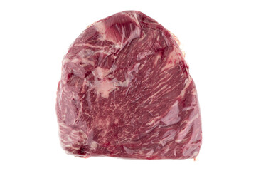Vacuum packed meat on a white background. Close-up of beef in a vacuum bag.
