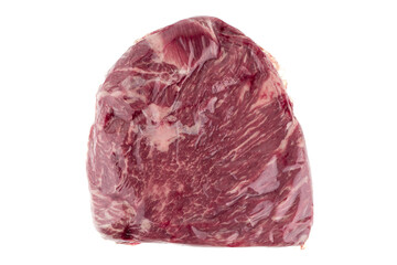 Obraz premium Vacuum packed meat on a white background. Close-up of beef in a vacuum bag.