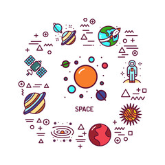 Space web banner. Infographics with linear icons on white background. Creative idea concept. Isolated outline color illustration