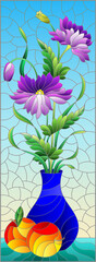 Illustration in the style of a stained glass window with a floral still life, a vase with purple flowers and apples on a blue background