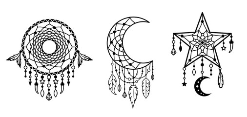 Dreamcatchers set. Native american, tribal designs. Outline vector illustration. Boho style sign. Silhouette design elements.