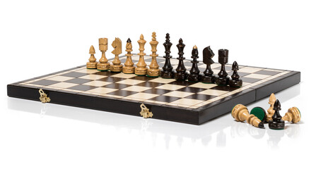 Indian chess pieces arranged on a chessboard in height. White background shadow from the subject. Chess strategy