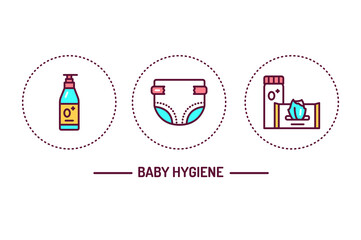 Baby hygiene color line icons concept. Isolated vector element. Outline pictograms for web page, mobile app, promo
