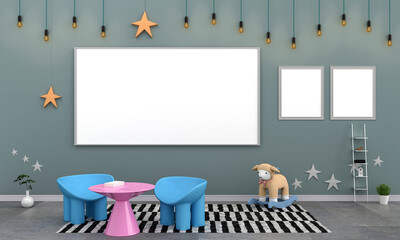 kindergarten classroom and frame for mockup, 3D rendering 