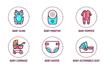 Kids products color line icons set. Isolated vector element. Outline pictograms for web page, mobile app, promo