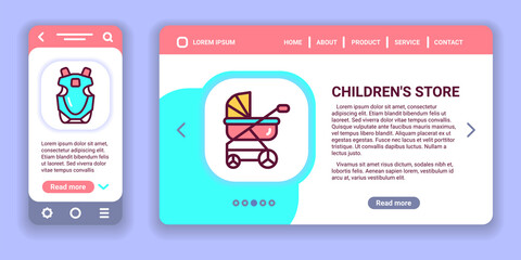 Childrens store web banner and mobile app kit. Outline vector illustration