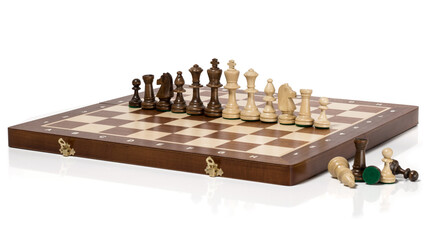 Chess is made of wood for playing chess. Tournament pieces. White background