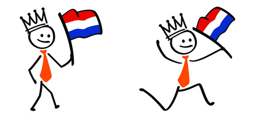 Business stickman waving withe the netherlands flag, traditional festival on april. Holland, King's Day or Queen's Day. Stick figures with orange necktie and clothing. Vector dutch party sign. 