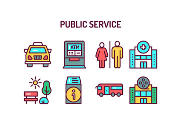 Public services color line icons set. Isolated vector element. Outline pictograms for web page, mobile app, promo