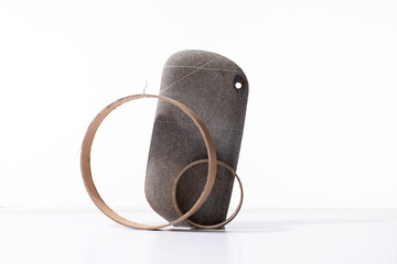 Composition with stone and carton circles on white desk, template for design mock-ups