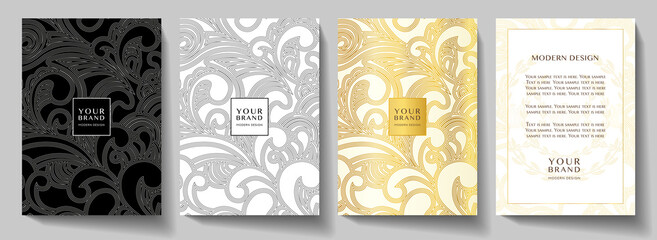 Luxury gold curve (scroll) pattern cover, frame design set. Elegant floral ornament on golden, black background. Premium vector collection for rich brochure, luxe invite, royal wedding template or men