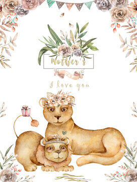 Happy Mother s day. Greeting card with the image of cute lion animals with flowers. Watercolor illustration in cartoon style.