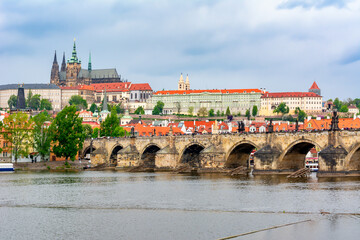 Prague cityscape with Prague Castle and Charles bridge, Czech Republic