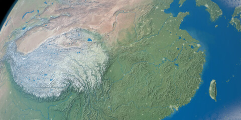 Yellow river in planet earth, aerial view from outer space, 3d render