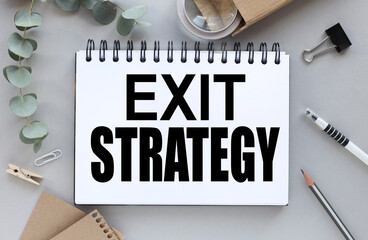 notebook with the text Exit Strategy. magnifying glass and plant near notepad
