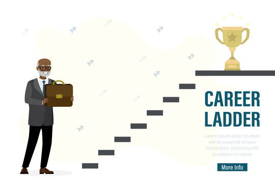 Young adult stands near stairs and holds briefcase. Career ladder, landing page template. Employee skills development.