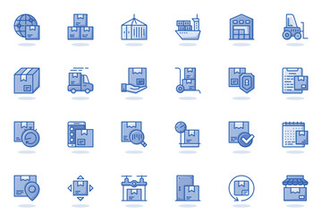 Delivery services web flat line icon. Bundle outline pictogram of shopping, courier, package protection, shipping, tracking order, parcel concept. Vector illustration of icons pack for website design - obrazy, fototapety, plakaty