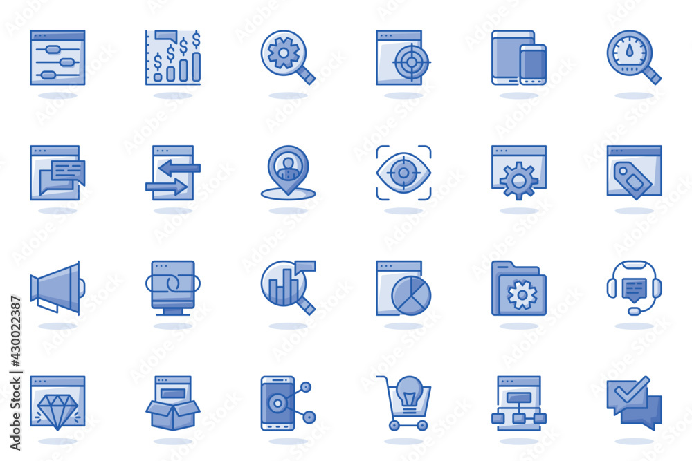 Poster seo optimization web flat line icon. bundle outline pictogram of settings, targeting, monitoring, se