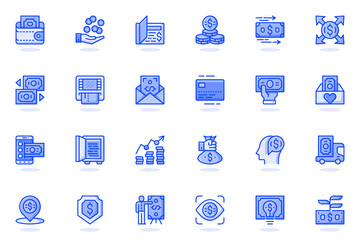 Money web flat line icon. Bundle outline pictogram of wallet, cash, savings, coins, transfer, currency exchange, ATM, credit card, banking concept. Vector illustration of icons pack for website design
