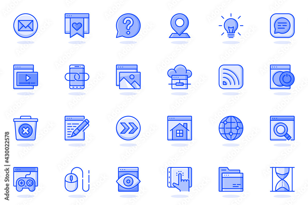 Poster Website UI web flat line icon. Bundle outline pictogram of development, site content, buttons, seo optimization, programming process concept. Vector illustration of icons pack for website design