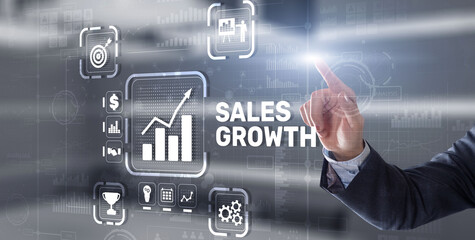 Sales Growth Man clicks inscription on virtual 3D screen