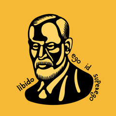 Sigmund Freud - the father of psychoanalysis, portrait painter. Stencil in black on a yellow background. Ego, superego, libodo, sexuality. Vector illustration.