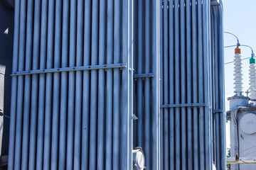 Obraz premium High-voltage transformer cooling radiator close-up